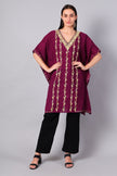 Wine Purple Kashmiri Kaftan with Vertical Aari Embroidery — front view