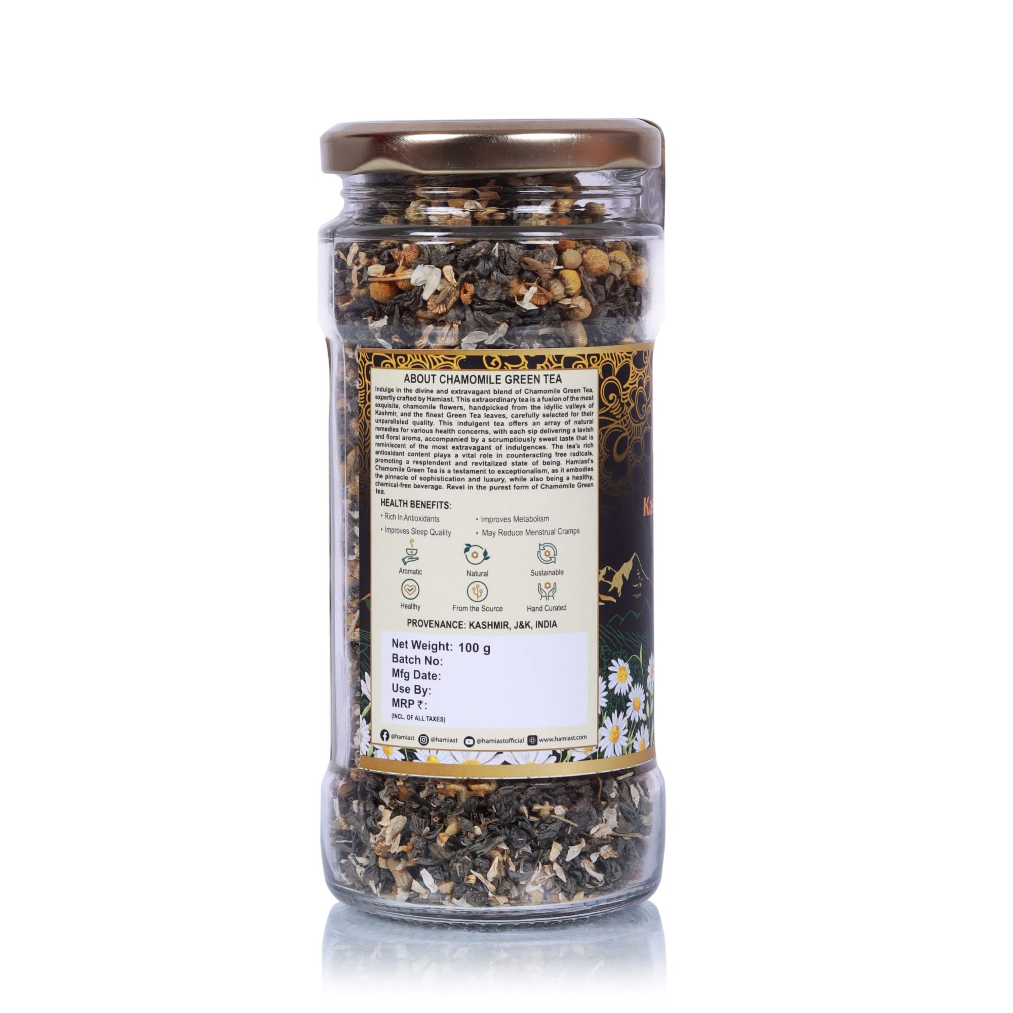 Hamiast Kashmir Chamomile Green Tea for Stress Relief & Good Sleep, Whole Leaf & Natural Chamomile Flowers 100g Serves 50 Cups