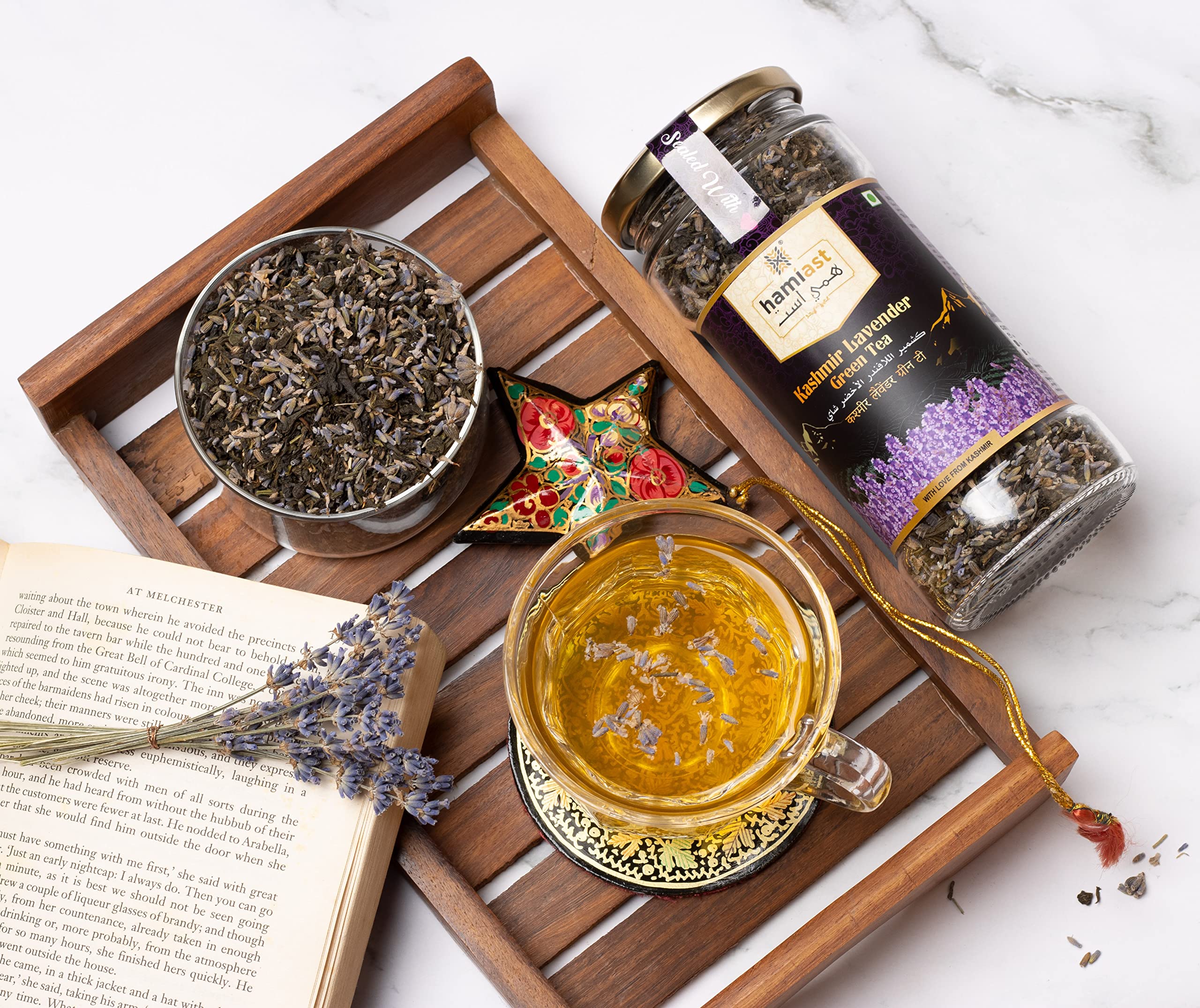 Hamiast Lavender Tea, Premium Kashmir Lavender and Green Tea Blend, Calming Tea for Stress Relief, Good Sleep & Glowing Skin, 100g Serves 50 Cups